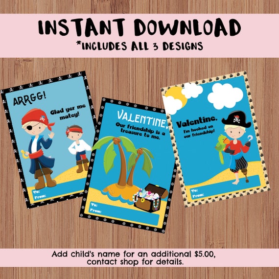 Pirates, Treasure Map, Ship Wreck, Pirate Ship - Instant Download Classroom Printable Valentine's Day Cards - Kid's Valentine's Day Cards Il_570xn