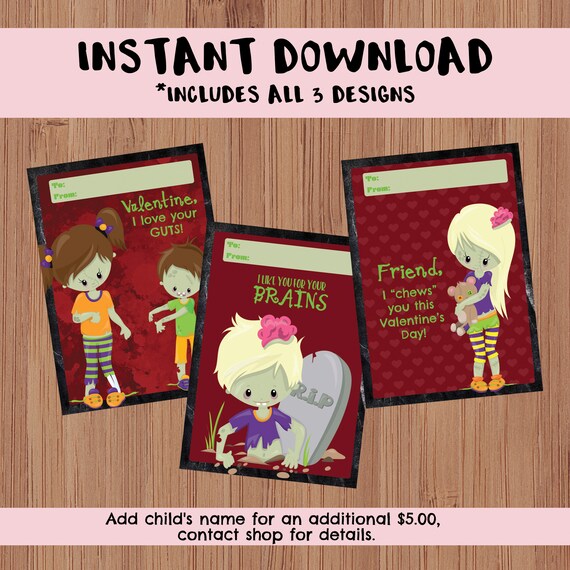 Instant Download Classroom Printable Valentine's Day Cards - Kid's Valentine's Day Cards - Zombie Apocalypse, Zombie Valentine, Brains Il_570xn