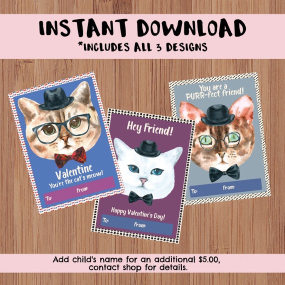 Instant Download Classroom Printable Valentine's Day Cards - Kid's Valentine's Day Cards - Hipster Cats, Mustache Bash, Bowties and Top hats Il_570xn