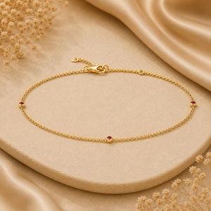 14K Gold Bezel-Set Ruby Station bracelet , Adjustable July Birthstone bracelet for Women.