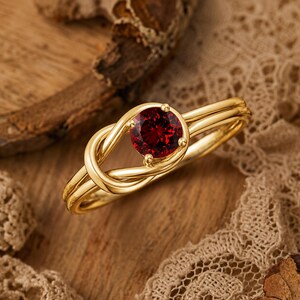 10K Gold Ruby Infinity Knot Engagement Ring, Lab Grown Ruby Solitaire Ring, Round Red .