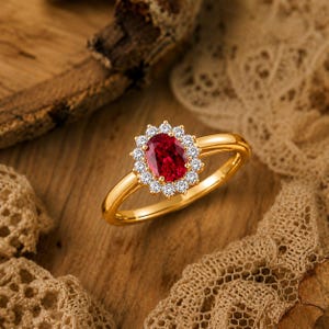 18K Gold Princess Diana Ruby Ring | Oval Lab Ruby with Moissanite Diamonds