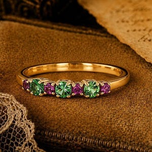 Puede incluir: Un anillo de banda dorada con una hilera de siete piedras preciosas de corte redondo alternadas. Las piedras incluyen tres gemas verdes vibrantes y cuatro gemas de color púrpura rosado intenso, engastadas con garras compartidas en el frente.