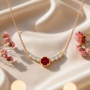 Lab-Grown Ruby & Moissanite Diamond Curved Bar Necklace, 10K Rose Gold Pendant.