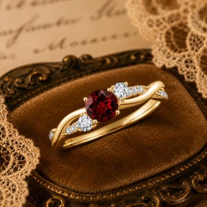 Può includere: Un anello in oro con una gemma centrale rosso scuro a taglio rotondo, affiancata da due pietre chiare più piccole, con minuscole pietre chiare incastonate lungo la fascia in oro lucido intrecciata che si curva attorno alle pietre centrali.