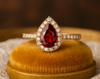 Natural Pear Garnet Ring with moissanite  in 18K Gold, Art Deco Halo Promise Ring.