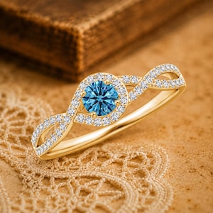 Criss Cross Infinity Halo Lab-Grown Fancy Intense Blue Diamond Verlovingsring 18K Gouden Ring