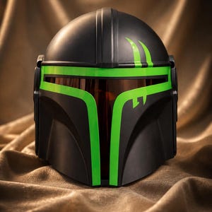 May include: A matte black helmet featuring a T-shaped visor opening outlined in vibrant neon green. The helmet includes a dark, reflective brown face shield and two curved neon green accent marks on the upper right side of the dome.