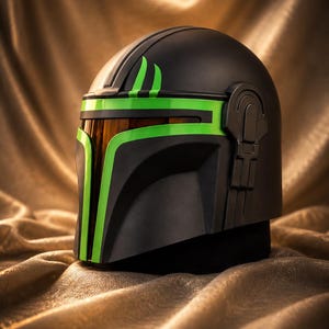 May include: A matte black helmet featuring a T-shaped visor with a dark amber tint. The helmet is accented with bright neon green trim around the visor and two vertical green stripes on the forehead, with a mechanical ear piece on the side.