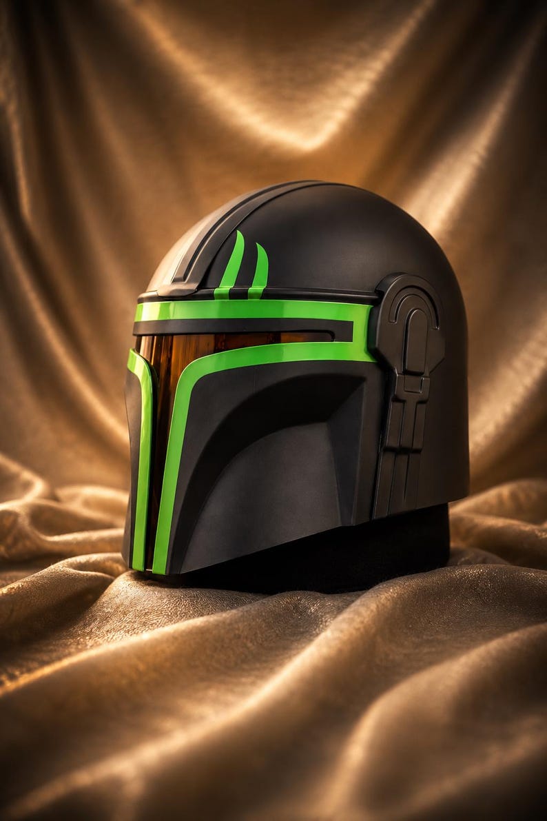 May include: A matte black helmet featuring a T-shaped visor with a dark amber tint. The helmet is accented with bright neon green trim around the visor and two vertical green stripes on the forehead, with a mechanical ear piece on the side.