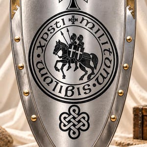 May include: A silver-toned heater shield featuring gold-coloured metal trim with rivets along the edges. The centre displays a black circular emblem of two knights on a horse with the text Sigillum Militum Xpsti, a cross above, and a knot below.