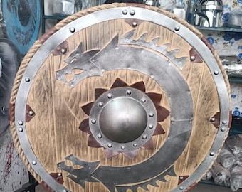 Dragon Viking Wooden Shield with Steel Trim 24 inches gift for the Halloween and Christmas