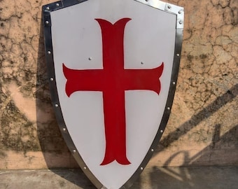 Medieval Templar Shield Battle Ready Steel Shield with Red Cross