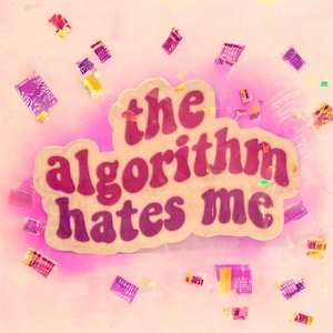 May include: A sticker with the phrase "the algorithm hates me" in a dark pink, bubble-style font. The sticker is on a light pink background with scattered confetti.