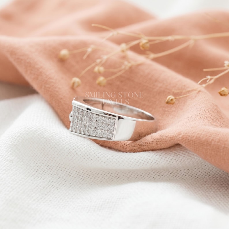 6mm Wide Band Width men's ring in 10k Solid Gold. High setting height with micro pave detailing. Bold statement piece for anniversary gifting and daily luxury wear.