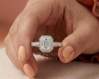 Anillo con halo de corte esmeralda, alianza de boda de oro de 14k estilo vintage con vástago cónico, regalo de aniversario personalizado para ella. Anillo con halo de diamantes de laboratorio.