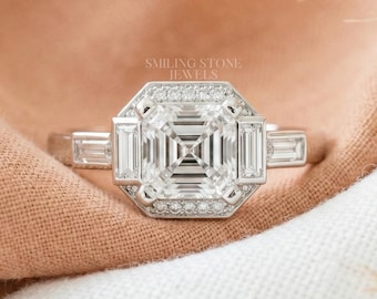 Anillo de compromiso de moissanita talla Asscher, anillo de boda de oro macizo de 14k con halo de baguette para mujer, joyería personalizada con diamantes cultivados en laboratorio.