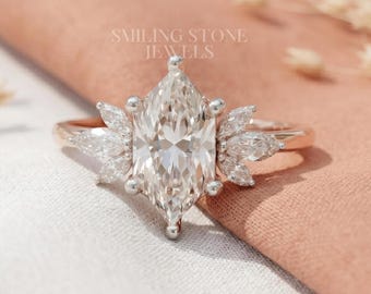 Anillo de compromiso hexagonal único con detalle de rayos de sol, banda con racimo, talla marquesa holandesa curva, conjunto nupcial, lujo asequible, anillo vintage para ella, oro de 10k