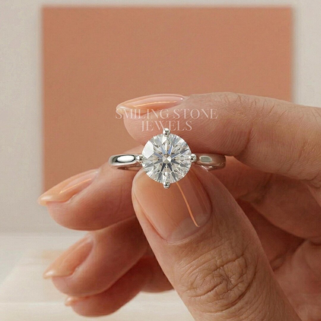 Solitaire Lab Diamond Round Brilliant Cut Solitaire Lab Diamond Ring, 10k White Gold Thin ...
