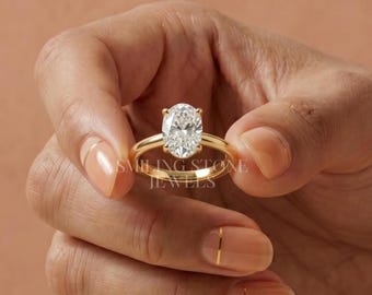 Anillo de compromiso solitario con diamante de laboratorio de talla ovalada personalizado, anillo de promesa personalizado de oro macizo de 14k, delicado regalo de aniversario de bodas