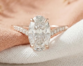 Anillo de promesa ovalado alargado Anillo de halo oculto Anillo de cesta oculto Delicada alianza de boda con pavé Conjunto de anillos de boda con diamantes cultivados en laboratorio personalizados