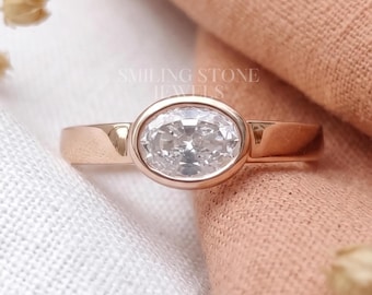 Anillo de compromiso ovalado horizontal con bisel, banda plana cónica, solitario de perfil bajo, alianza de boda con diamante de laboratorio, regalo de aniversario fino