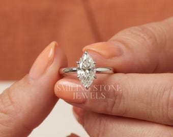 Anillo de compromiso solitario marquesa alargado, oro macizo de 14k, diamante cultivado en laboratorio, alianza de boda minimalista y delicada, personalizada y hecha a mano.