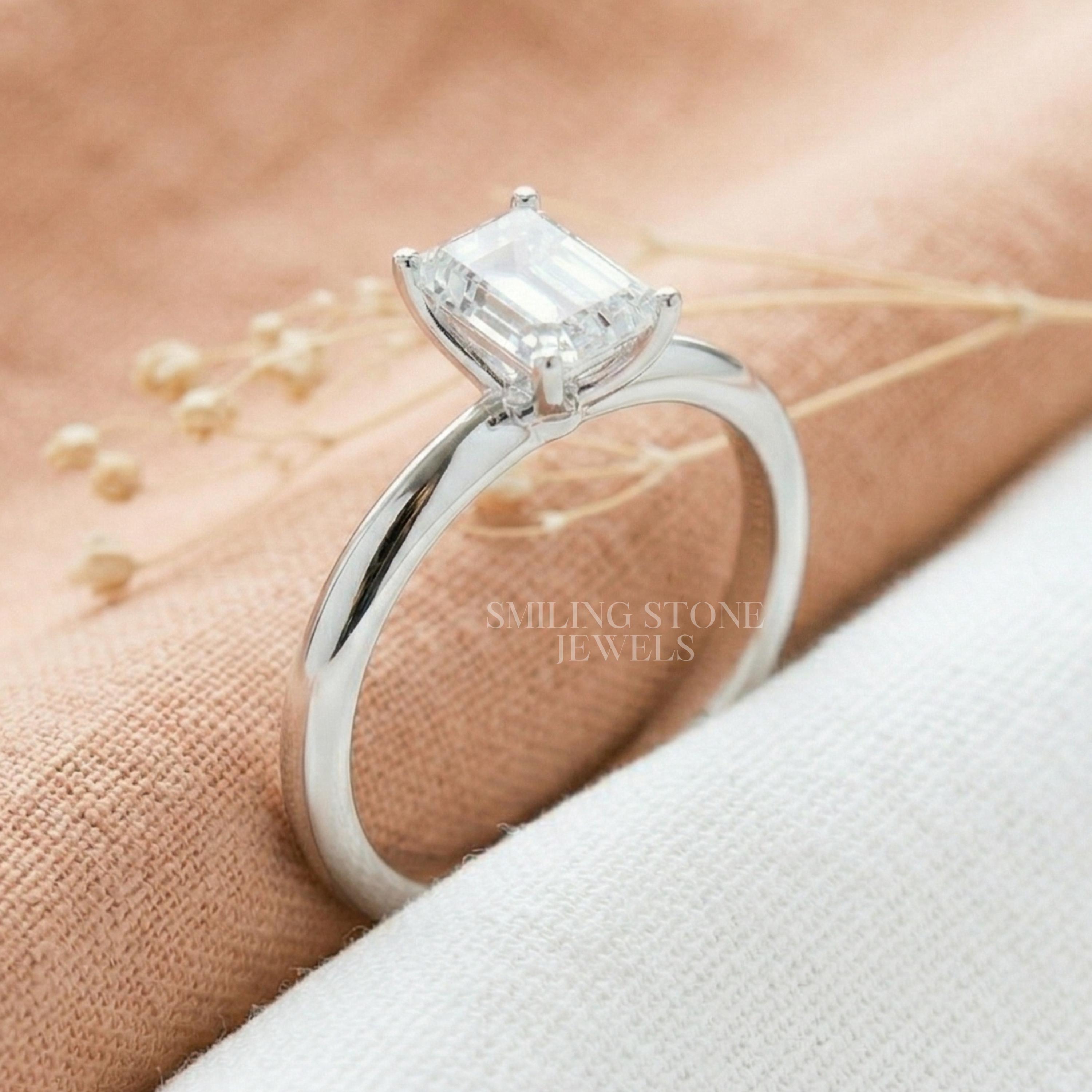 Emerald Cut Lab Diamond Solitaire Engagement Ring in 14k Gold, Step Cut ...