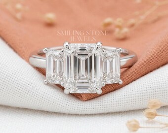 Anillo de boda con talla esmeralda, pasado, presente y futuro, anillo de aniversario con diamantes de laboratorio, anillo apilable de oro blanco de 10k, hecho a mano, regalo personalizado para ella.