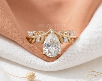 Vintage Pear Cut Lab Grown Diamond Vine Engagement Ring, 10k Solid Gold Leaf Promise Ring For Women, Affordable Bridal Anniversary Gift