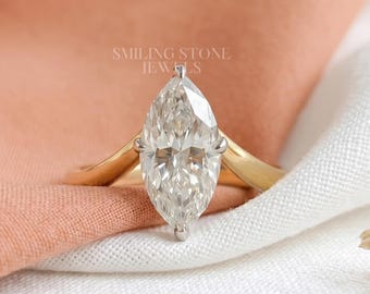 Anillo de moissanita talla marquesa alargada, oro amarillo macizo de 10k, banda fina, solitario, anillo de boda, anillo nupcial, regalo de aniversario para ella.