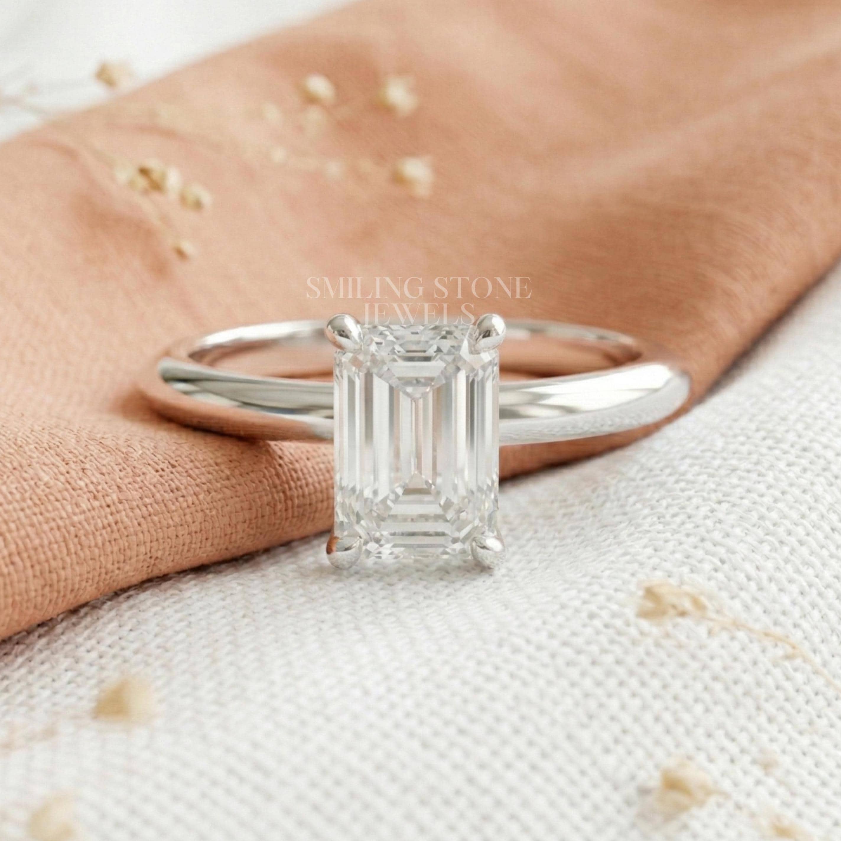 Emerald Cut Lab Diamond Solitaire Engagement Ring in 14k Gold, Step Cut ...