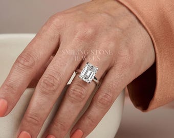 Anillo de compromiso de moissanita talla esmeralda para mujer, anillo personalizado de oro macizo de 14k con diamantes de laboratorio, regalo de aniversario personalizado, joyería hecha a mano.