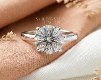 Round Cut Moissanite Engagement Ring 18k Gold Lab Diamond Solitaire Cathedral Ring Custom Promise Ring For Her Anniversary Gift Present