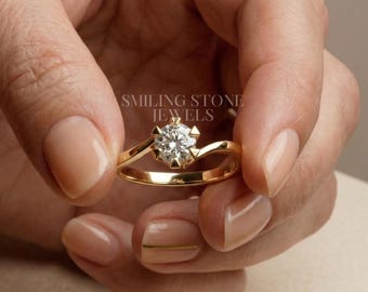 Anillo de compromiso asimétrico de oro macizo de 14k con engaste tipo tulipán y diamante de laboratorio redondo, joyería personalizada para aniversario para mujer.