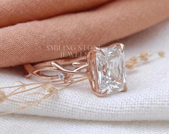 Anillo de diamantes de laboratorio de talla radiante de 2 quilates, alianza nupcial inspirada en la naturaleza con diseño de ramita, solitario caprichoso, regalo de aniversario para esposa, anillo de promesa sostenible