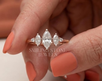 Anillo de cinco piedras con diseño de marquesa en oro de 14k. Anillo de racimo para mujer. Anillo de boda con diamantes cultivados en laboratorio. Regalo de aniversario personalizado para ella.