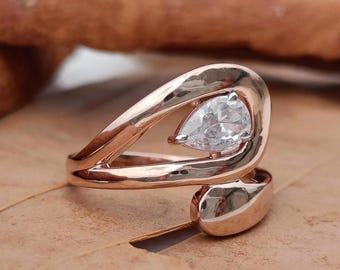 Pear Moissanite Bypass Ring 14k Gold, Unique Anniversary Gift for Her, Modern Pear Cut Lab Diamond Engagement Ring, Affordable Luxury