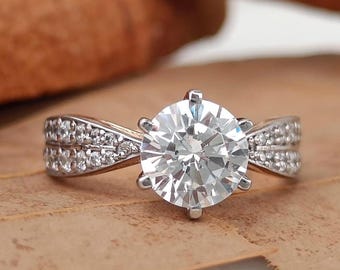 Round Moissanite Engagement Ring for Women, 14k Solid Gold Lab Diamond Ring, Split Shank Promise Ring, Affordable Luxury For Her