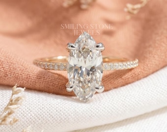 Anillo de compromiso con halo oculto y forma de marquesa alargada. Joyería nupcial delicada de oro de 10k. Anillo de platino con diamante creado en laboratorio certificado.
