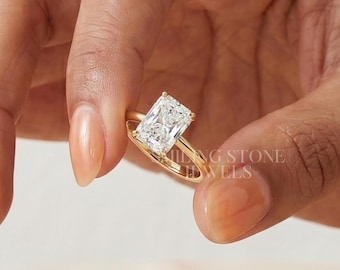 Anillo de compromiso solitario delicado con moissanita talla radiante personalizada, anillo de oro macizo de 14k para mujer, regalo nupcial personalizado con diamante cultivado en laboratorio