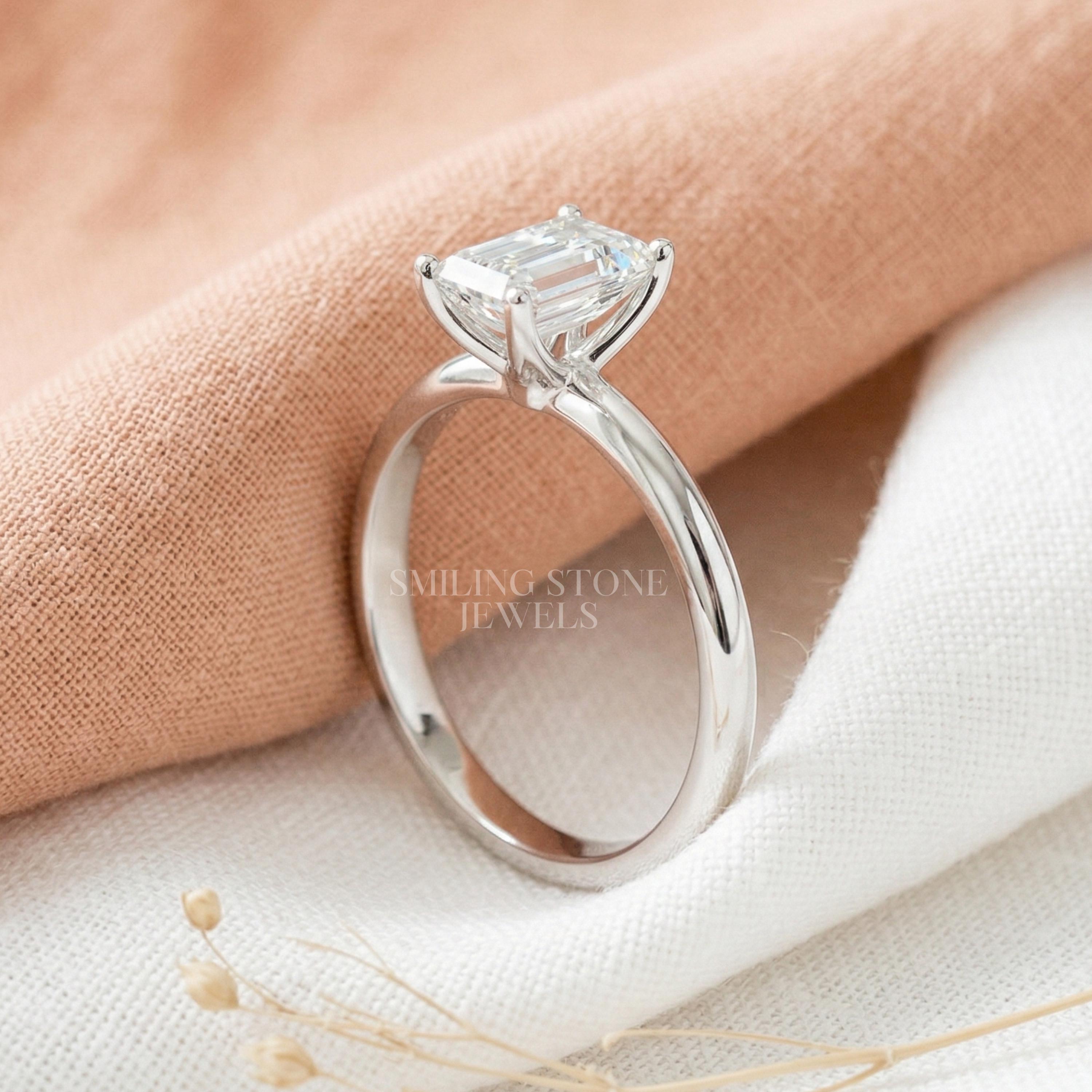 Emerald Cut Lab Diamond Solitaire Engagement Ring in 14k Gold, Step Cut ...