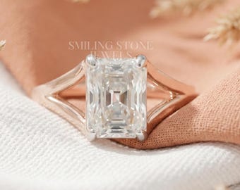 14k Gold Radiant Moissanite Ring Split Shank Solitaire Promise Ring Emerald Cut Minimalist Bridal Jewelry Set Anniversary Gift Her