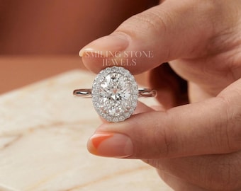 Anillo ovalado alargado con halo de diamantes de laboratorio, anillo de compromiso de oro blanco de 14k para mujer, anillo de promesa único y personalizado, regalo de aniversario