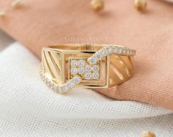 Men's Architectural Gold Band, Lab Grown Diamond Wide Cut Out Ring, Modern Structural Anniversary Gift For Husband Bold Square Ring