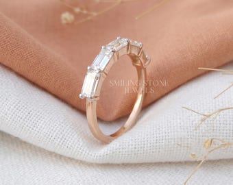 East West Emerald Cut Lab Grown Diamond Band, 14k Solid Gold Baguette Eternity Ring, Sustainable Conflict Free Bridal Anniversary Jewelry