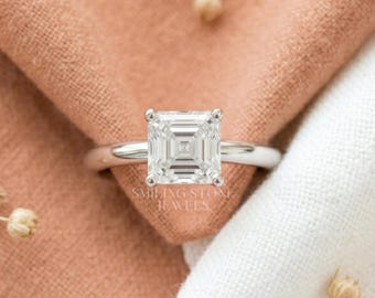 Anillo de compromiso con diamante sintético talla Asscher, solitario de oro macizo de 10k para mujer, regalo de aniversario personalizado para ella.
