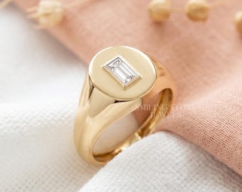 Custom Men's Bezel Signet Ring 14k Gold Baguette Cut Lab Diamond Ring Husband Anniversary Gift Custom Tapered Men Band