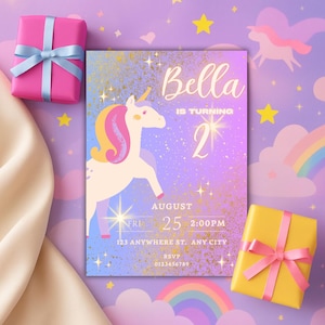 Personalised Unicorn Birthday Invitation: Editable Purple & Pink Digital Invitation (Printable Instant Download)