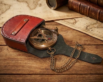 Personalized Brass Sundial  Compass With  Wood Box & Leather Case– Nautical Gift for Anniversary, Birthday,   and Christmas, Gift for Him